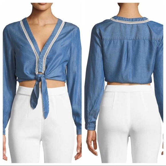 Lovers + Friends Denim Chambray Long Sleeve Tie Front Crop Top - Picture 3 of 6